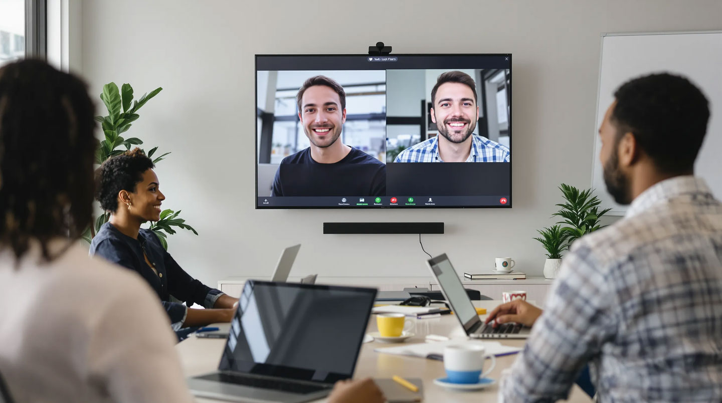 Une personne en visioconférence sur ordinateur portable dans une salle de formation avec d'autres apprenants en présentiel en arrière-plan, illustrant un format de formation hybride