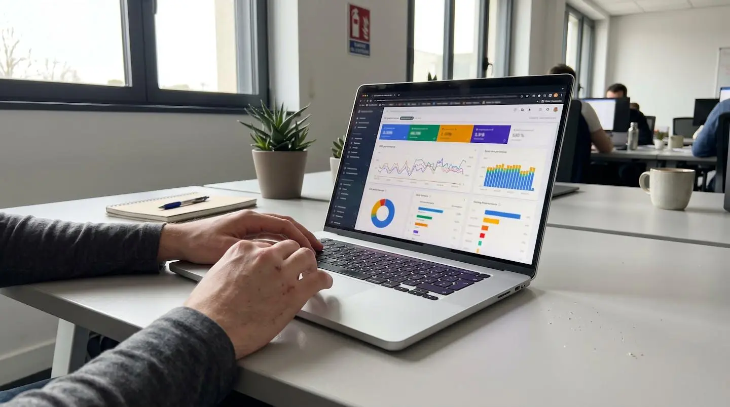 Gros plan sur un écran d'ordinateur portable moderne affichant des courbes de performance SEO avec des mains sur le clavier en arrière-plan flouté