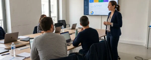 Un formateur debout présente des métriques SEO sur un écran à trois apprenants assis de dos dans une salle de formation moderne et lumineuse