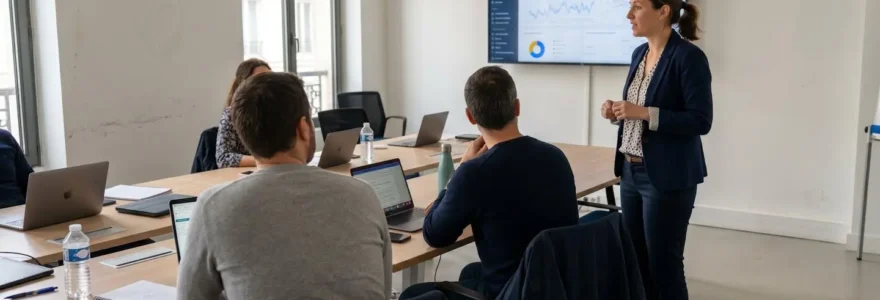 Un formateur debout présente des métriques SEO sur un écran à trois apprenants assis de dos dans une salle de formation moderne et lumineuse