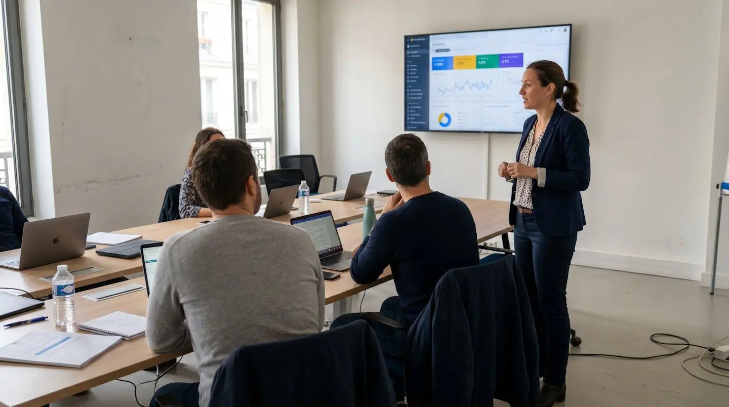 Un formateur debout présente des métriques SEO sur un écran à trois apprenants assis de dos dans une salle de formation moderne et lumineuse