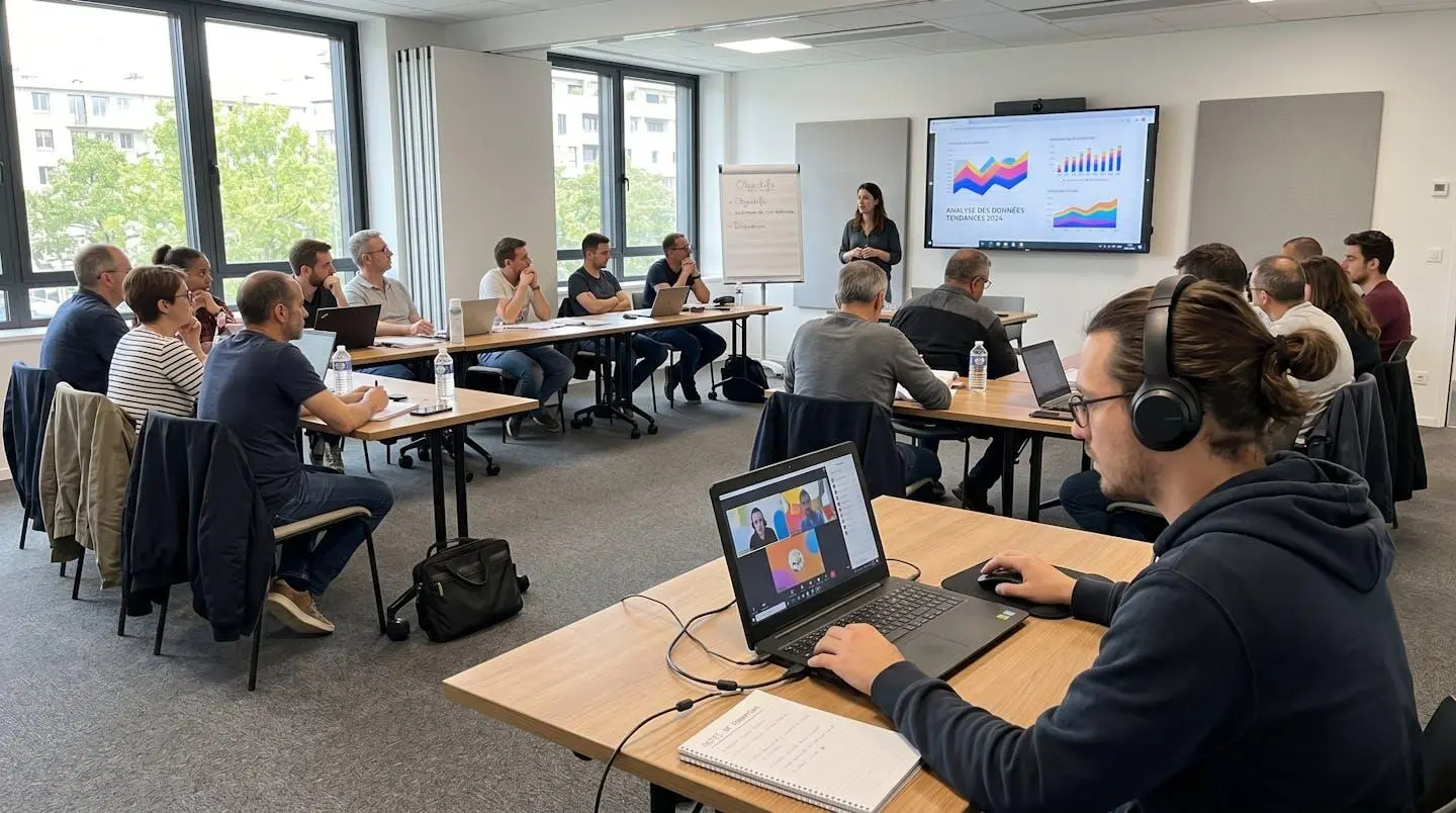 Une personne en visioconférence sur ordinateur portable dans une salle de formation avec d'autres apprenants en présentiel en arrière-plan, illustrant un format de formation hybride